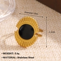 Vintage golden stainless steel ring with black enamel circle and sunburst gear edge - Sunburst Black Disc Style (1455)