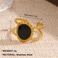 Bague ovale en acier inoxydable doré avec émail noir et texture de corde tressée - Style Émail Noir Ovale Vintage (1476)