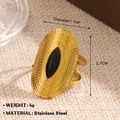 Bague ovale en acier inoxydable doré avec émail noir et design à double anneau - Style Ovale Grande Face (078)