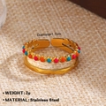 Double-layered golden stainless steel open ring with colorful enamel beads for women - Red Orange Green Beads Double Layer Style (125)