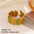 Adjustable golden stainless steel ring featuring green enamel leaves with a weight of 3.2g - Green Hollow Leaf Style (212)