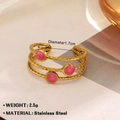 Three-layer gold stainless steel twist ring with pink enamel dots and open design - Pink Beaded Triple Layer (989)