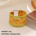 Gold plated stainless steel stacked ring with green enamel dots and sunburst pattern - Green Dotted Sunflower Style (1060)
