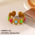 Golden stainless steel ring with colorful pink, blue and green enamel leaf accents - Colorful Oval Vintage Style (1081)