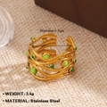 Bague en acier doré style branche avec pois en émail vert et anneau réglable ouvert - Style Pointillé Cercle Vert de Vigne (1116)
