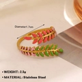 Golden stainless steel leaf ring with colorful red, pink, and green enamel finish - Three-Color Enamel Leaf Style (1174)