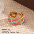 Bague en acier inoxydable doré avec chaîne en émail rose et vert menthe et cœur ciselé - Style de Conception de Chaîne en Émail Rose et Vert (166)