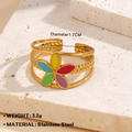 Colorful floral stainless steel open ring with 18k gold plating and enamel petals - Colorful Five-Petal Flower Style (Gold Ring 853)