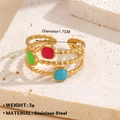 Three-layer gold stainless steel ring with colorful square enamel and bead texture - Three-Layer Woven Square Style (Gold Ring 989)