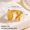 Golden stainless steel open ring featuring detailed starfish and seashell ocean motifs - Shell and Sea Star Style (873-10) / Adjustable Open / Gold