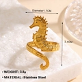 Golden sea horse open ring in stainless steel with detailed scale texture - Seahorse Shape Style (1018) / Adjustable Open / Gold