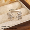 Adjustable silver stainless steel open ring featuring two elegant floral motifs - Five Petal Flower (1561) / Steel