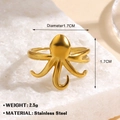 Gold octopus stainless steel open ring with 1.7cm diameter on textured stone - Octopus Shape Style (1043) / Adjustable Open / Gold