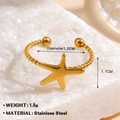 Golden starfish open ring in stainless steel with twisted rope band and size details - Twisted Cord Sea Star Style (1752) / Adjustable Open / Gold