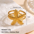 Minimalist gold starfish open ring in stainless steel with textured matte finish - Double Layer Sea Star Style (1753) / Adjustable Open / Gold