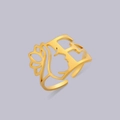 Golden open ring featuring hollowed portrait and floral leaf design for women - Gold Letter E