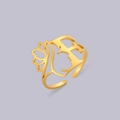 Gold hollow open ring featuring lotus and female profile cutout in stainless steel - Gold Letter F