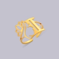 Gold hollowed portrait silhouette open ring with intricate lotus flower design - Gold Letter I