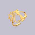 Adjustable gold plated stainless steel ring with hollow silhouette face and flower - Gold Letter L