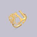 Adjustable golden hollow ring featuring letter U, side profile portrait and floral accents - Gold Letter U
