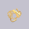 Golden stainless steel open ring with letter N and hollow artistic female profile - Gold Letter V