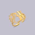 Gold open ring with letter W featuring feminine face silhouette and lotus engraving - Gold Letter W