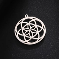 Polished stainless steel round pendant with hollow geometric flower seed of life pattern - Silver