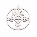 Detailed close-up of a stainless steel geometric hollow round pendant with symbolic patterns - Steel