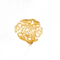 Golden titanium steel ring featuring an intricate cutout OM symbol pattern on white background - Gold / US 7