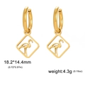 Golden stainless steel hoop earrings with square flamingo pendant and polished finish - Gold Flamingo
