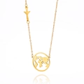 Gold world map pendant necklace with airplane charm in polished stainless steel - Gold