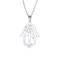 Silver Tree of Life Hamsa Hand necklace in hollowed stainless steel on white background - Steel