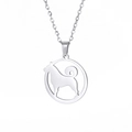 Minimalist silver dog pendant necklace with a standing puppy silhouette in a round frame - Steel