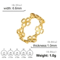Golden stainless steel clover ring with hollow pattern and product dimensions overview - US 7 / Gold