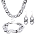 Set collana bracciale e orecchini in acrilico marmorizzato bianco e grigio a catena - Argento