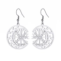 Silver stainless steel Viking Vegvisir compass dangle earrings with ethnic moon motif - Viking Compass Hollow Round Style / Steel