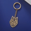 Detailed view of golden geometric cutout wolf head keychain on a deep blue background - Gold
