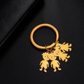 Polished gold stainless steel family keychain featuring four cartoon boy and girl charms - Boys And Girls / Gold