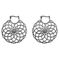 Matte black stainless steel hoop earrings with hollow geometric daisy flower pattern - Black