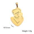 Detailed view of polished gold mother and child pendant with 19x31mm size labels - Mother Hugging Baby Style / Gold