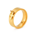 Polished gold stainless steel ring featuring a solid hanging cross pendant on white background - US 7 / Gold