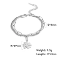 Silver stainless steel double-layered chain bracelet with polished four-leaf clover pendant - Steel