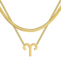 Close-up of double layer gold herringbone chain and Aries zodiac pendant necklace - Aries