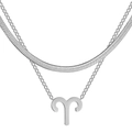 Close-up of double-layer silver stainless steel necklace with Aries zodiac pendant - Aries