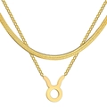 Close-up of gold Taurus zodiac pendant on double-layer herringbone and link chain - Taurus