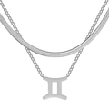 Detail of silver layered herringbone chain and Gemini zodiac pendant necklace - Gemini