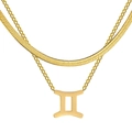 Detail of layered gold Gemini zodiac necklace with herringbone and link chain - Gemini