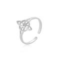 Macro detail of adjustable silver ring featuring hollow four-petal leaf geometric pattern - Steel