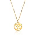 Detailed view of a gold Om symbol pendant necklace with polished metal link chain - Gold Om Symbol