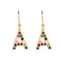 Hip hop style gold drop earrings with multicolored rhinestones in letter A shape - Letter A